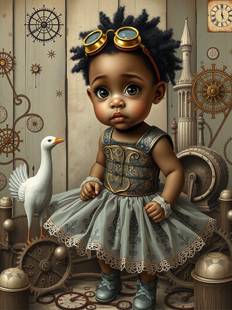 Steampunk Toddler Inventor in Whimsical Dreamscapes