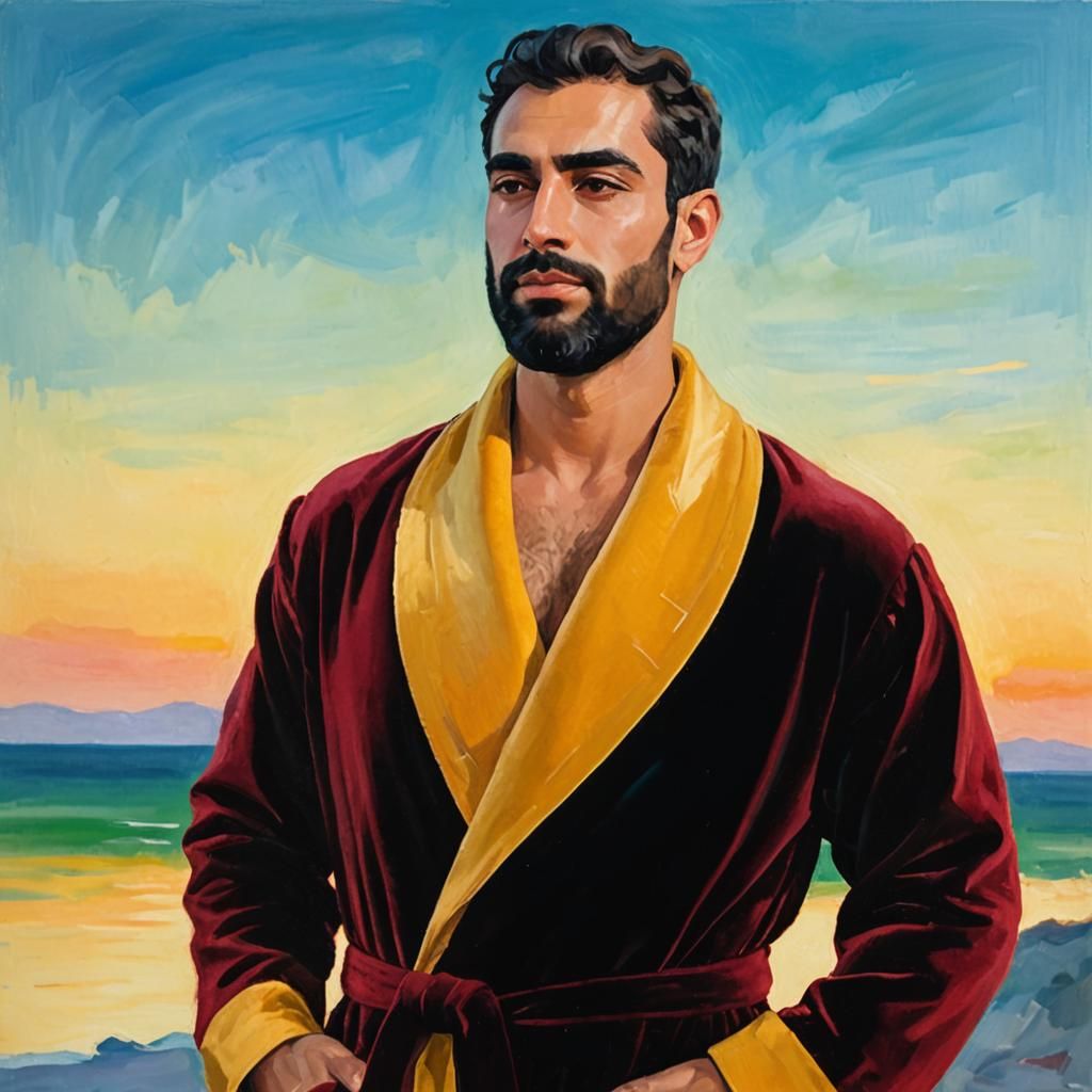 Sunset Portrait of Man in Red Robe as Impasto Painting