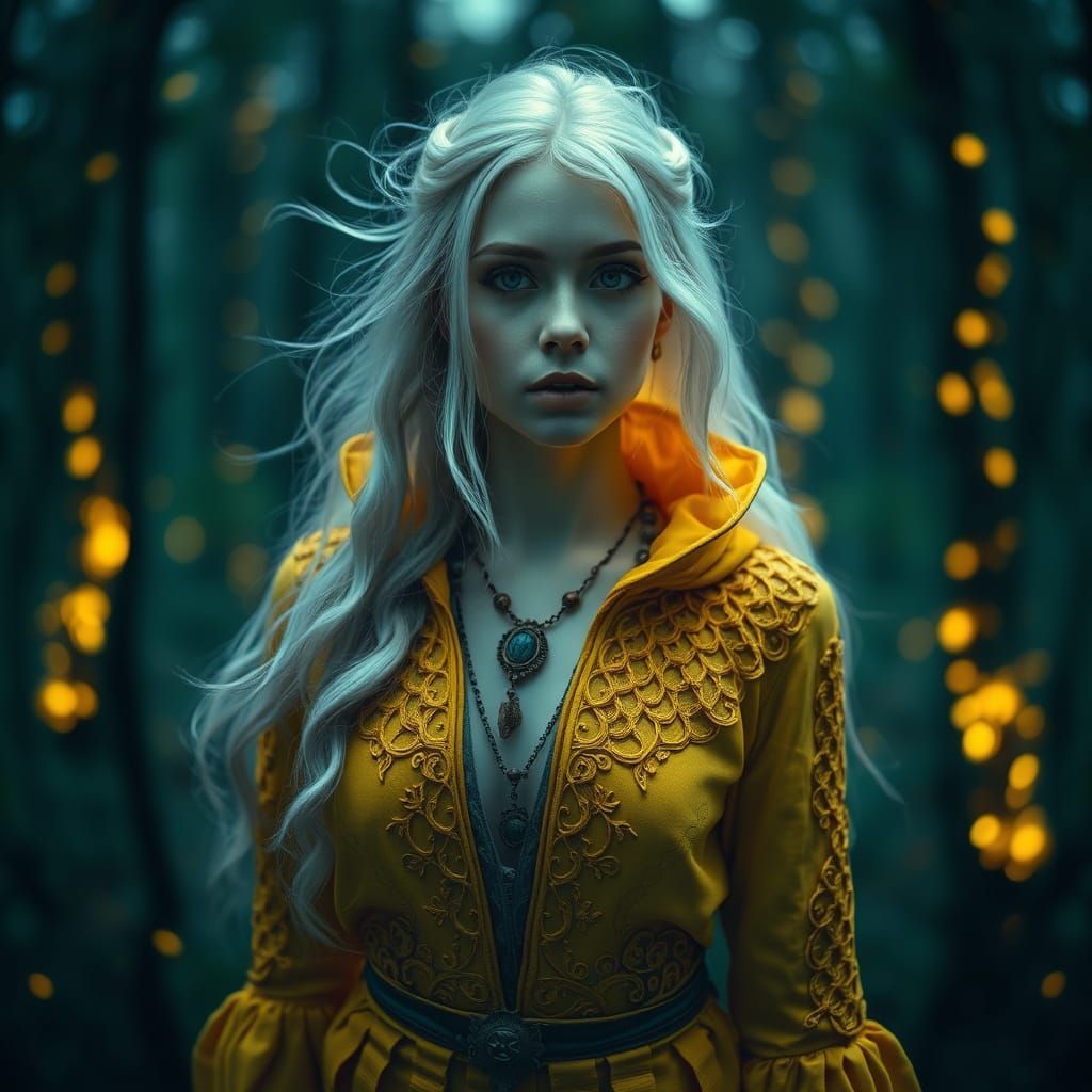 Forest Goddess in Yellow Attire, Dreamlike Fantasy World