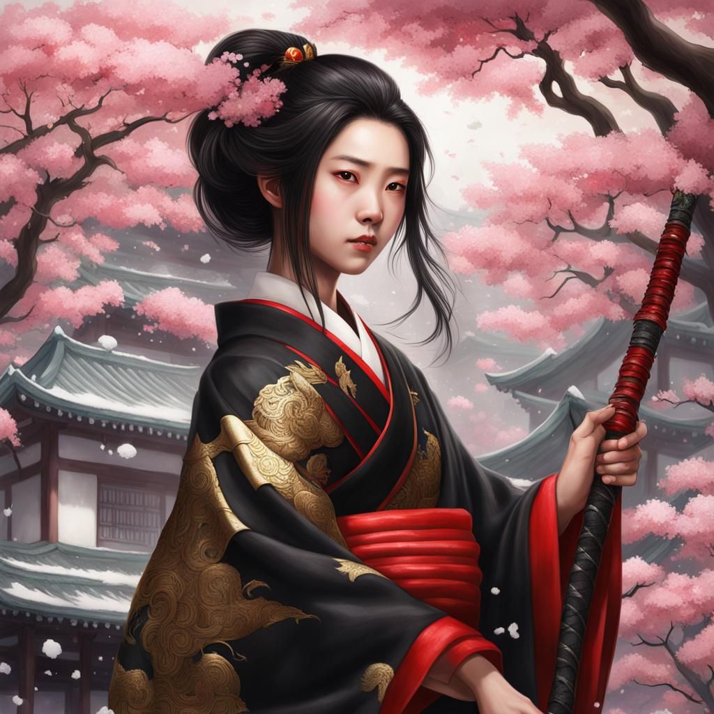 Geisha with Dragon Kimono in Snowy Temple