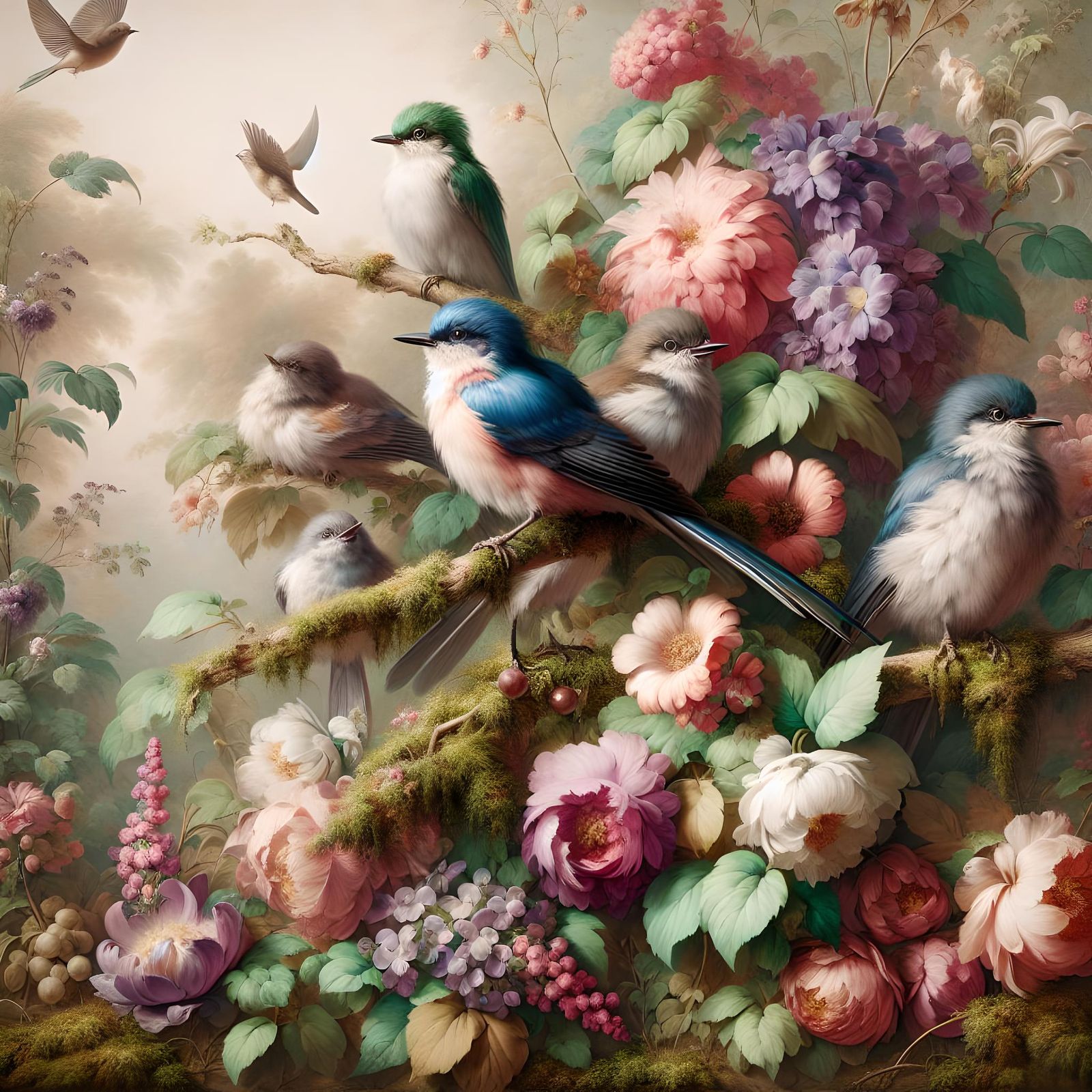 Romanticism Painting of Birds and Flowers in Watercolor