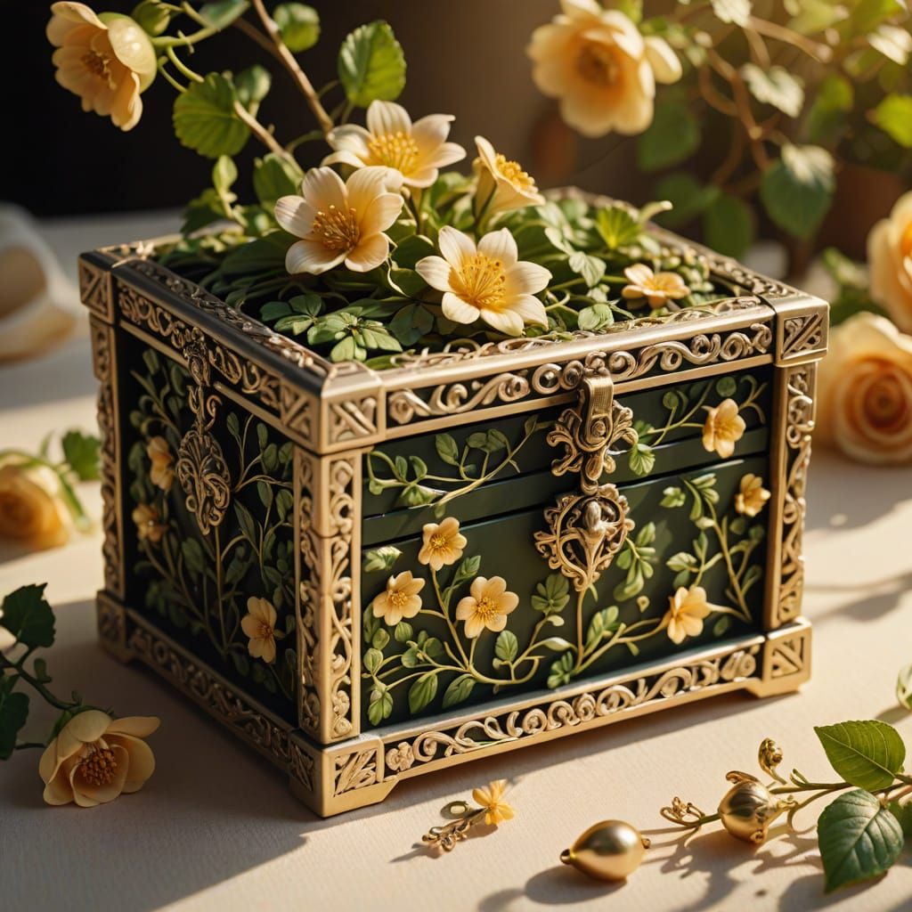 Hyperrealistic Jewelry Box Still Life with Flowers