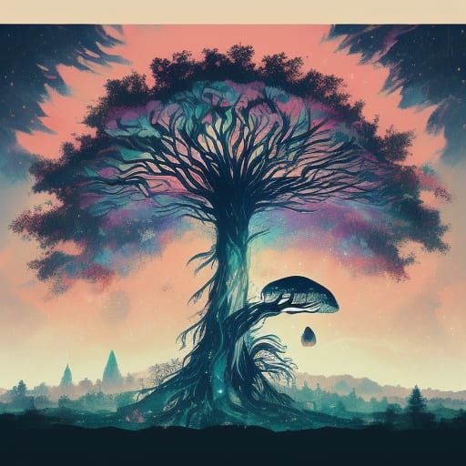 Whimsical Fairy Reclines on a Vibrant Mushroom Amidst a Myst...