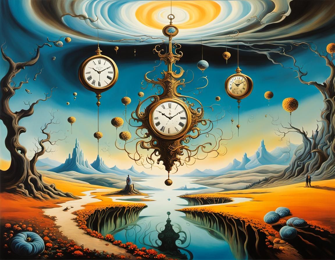 Surreal Landscape with Elastic Flora and Clocks