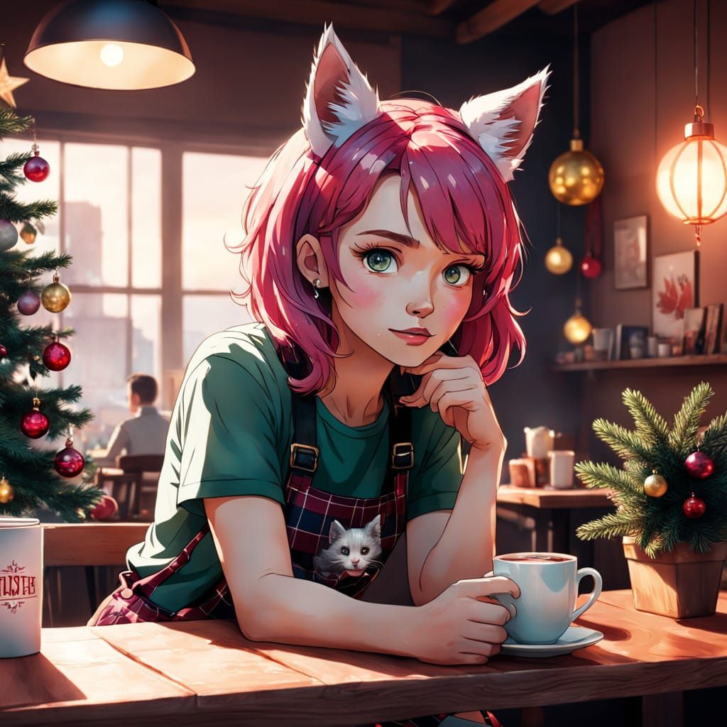 Vibrant Pink-Haired Girl Surrounded by Festive Christmas Dec...
