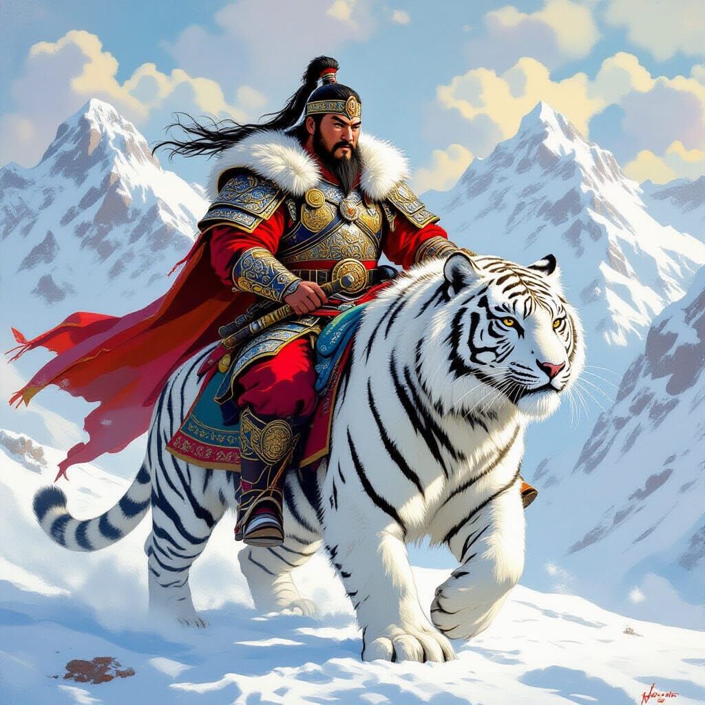 Genghis Khan Rides Snow Tiger in Mountain Landscape