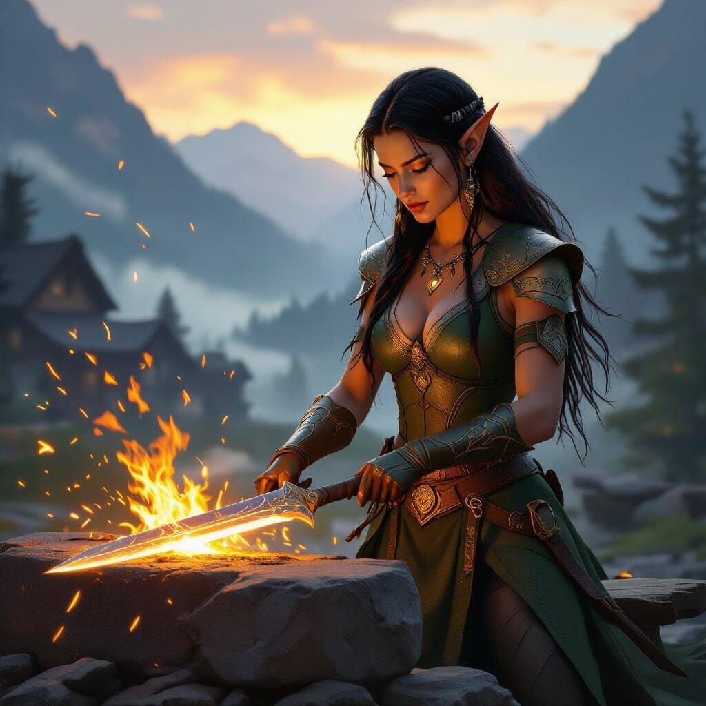 Elf Blacksmith Forges Glowing Sword at Dawn