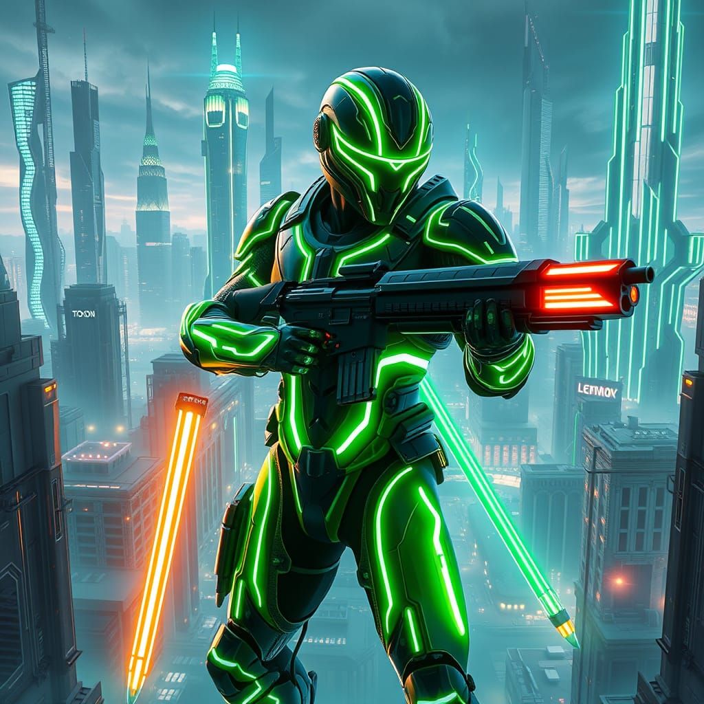 Neon Cyber Warrior in Dystopian Cityscape