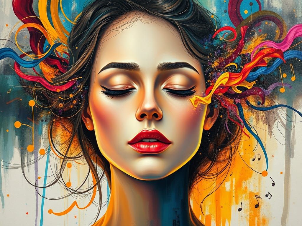 Abstract-Figurative Painting of a Woman Listening to Sound