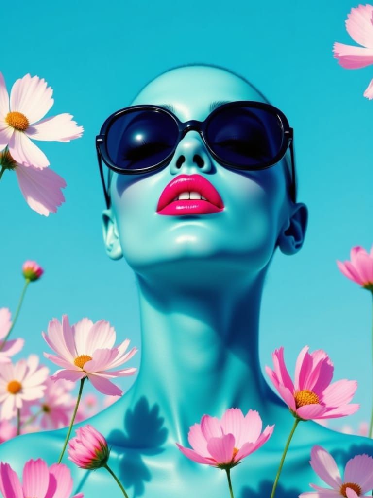 Cyan Woman in Surreal Floral Pop Art