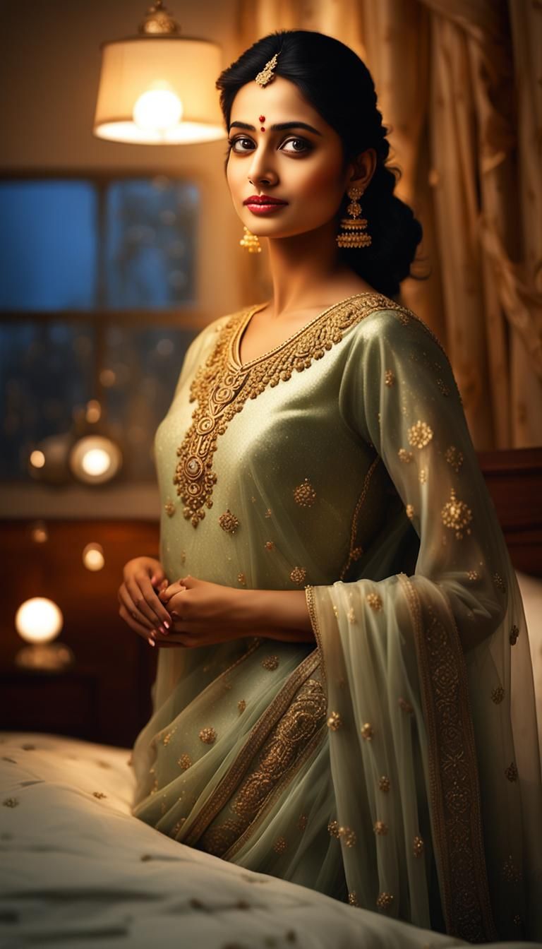 Graceful North Indian Lady in Cozy Bedroom