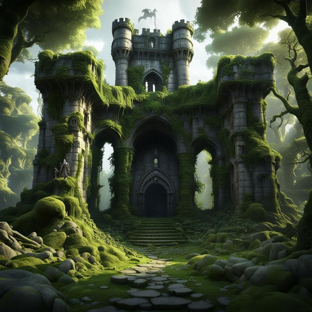 Overgrown Castle Ruins in Forest with Knight Statues