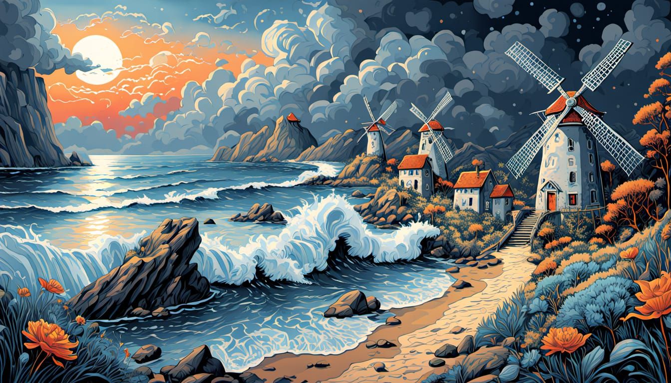 Whimsical Coastal Scene with Windmills and Vibrant Seashells