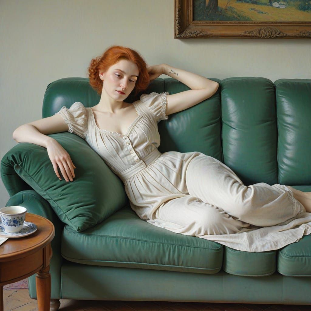 Woman Resting on Couch, in Early 20th Century Style