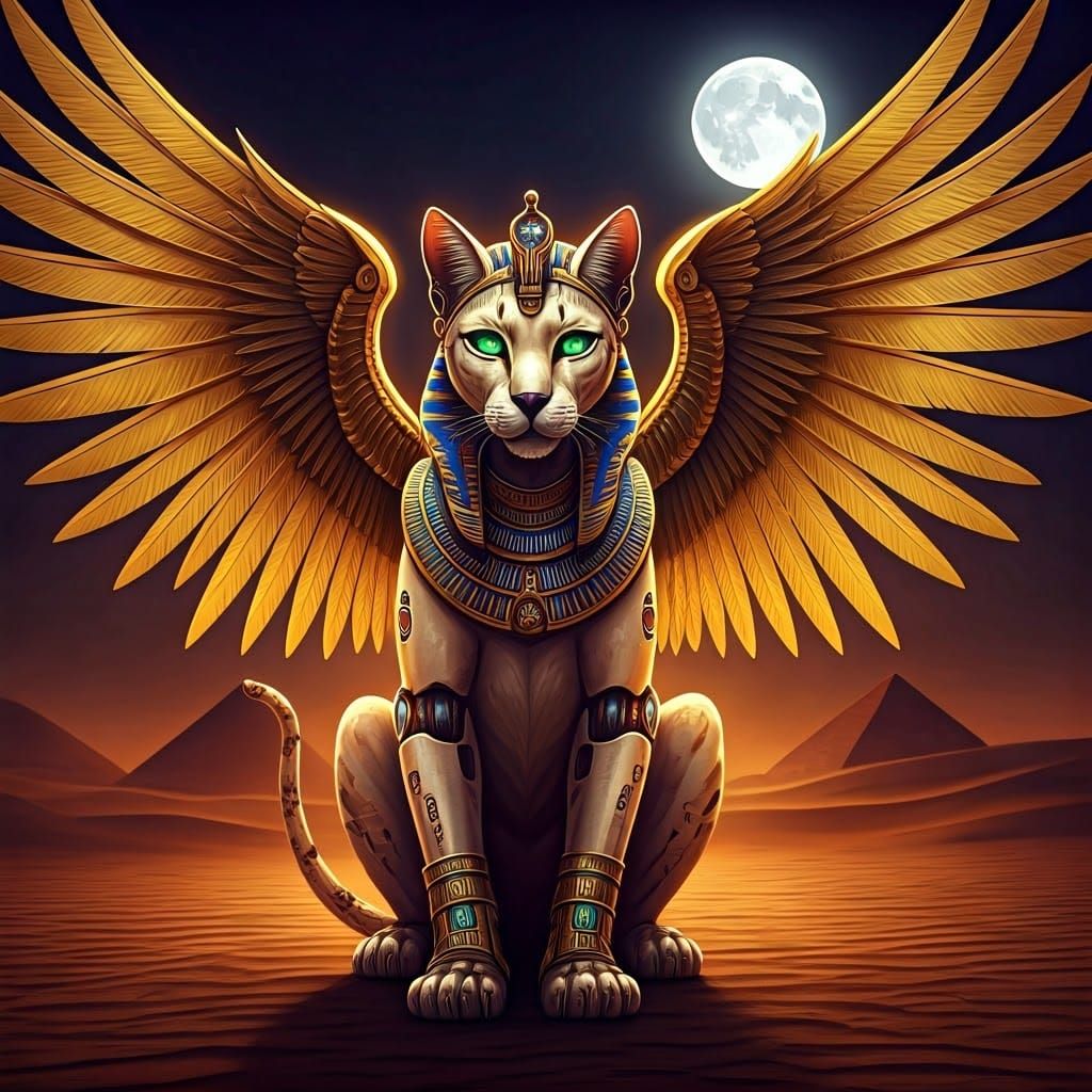 Mysterious Feline Goddess with Golden Coat and Emerald Eyes