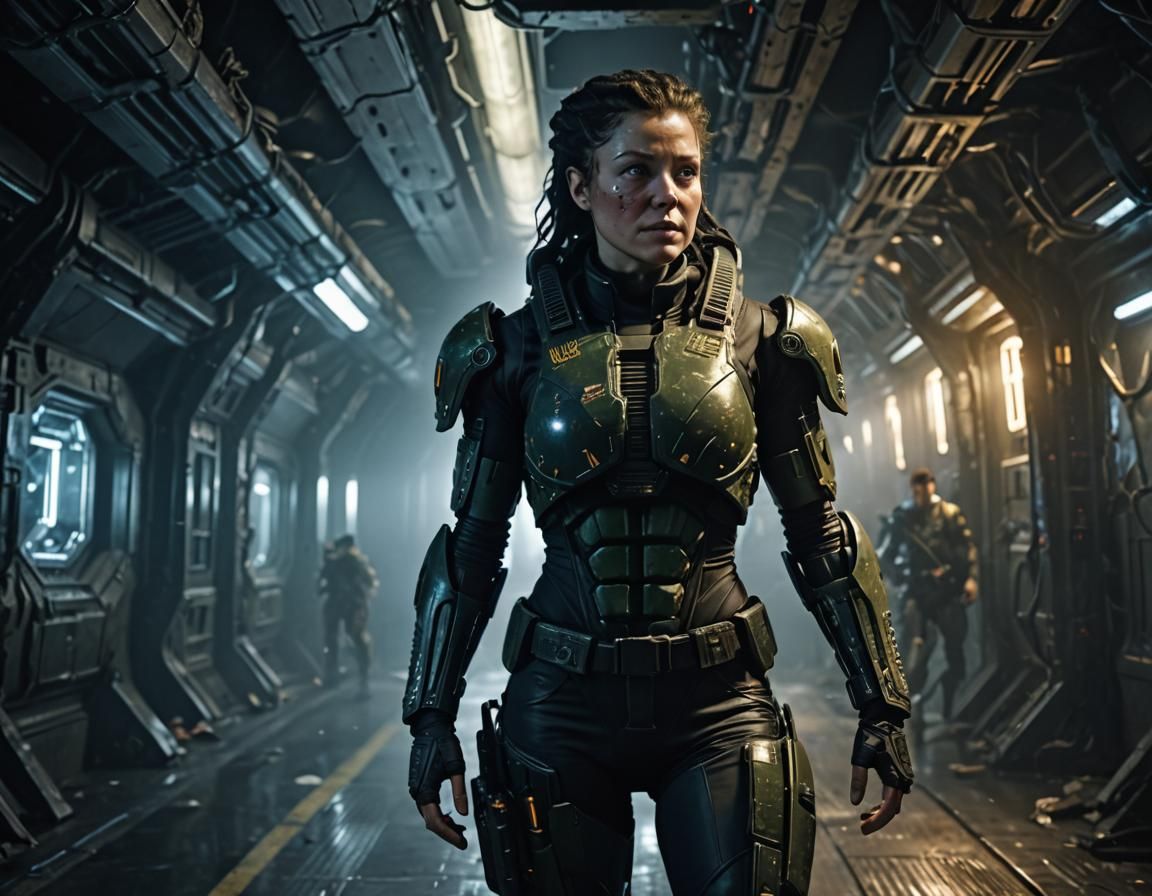 Female Space Marine in Sci-Fi Ship: Hyper-Realistic