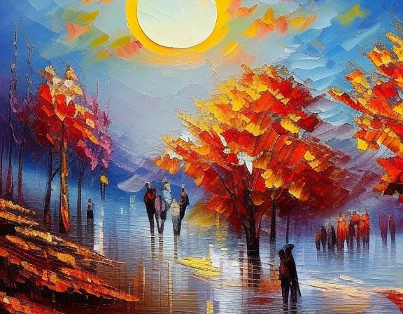 Sunny Sunset Landscape in Oil Painting Style