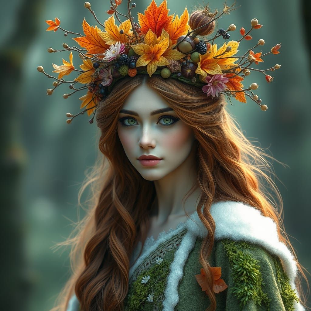 Ethereal Goddess of Autumn in Whimsical Nature Attire