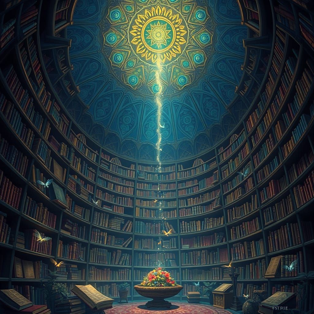 Enchanted Library with Fairies and Celestial Ceiling