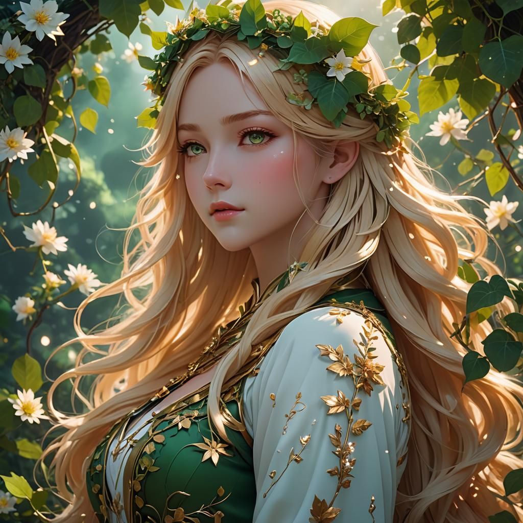 Mystical Anime Goddess with Floral Crown