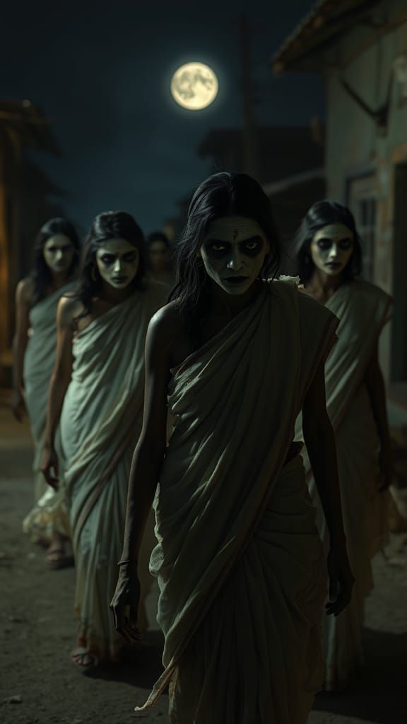 Ethereal Indian Ghost Women in Lunar Light: 3D Animation