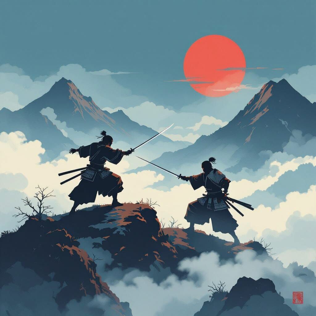 Samurai Duel at Dawn in Ukiyo-e Style