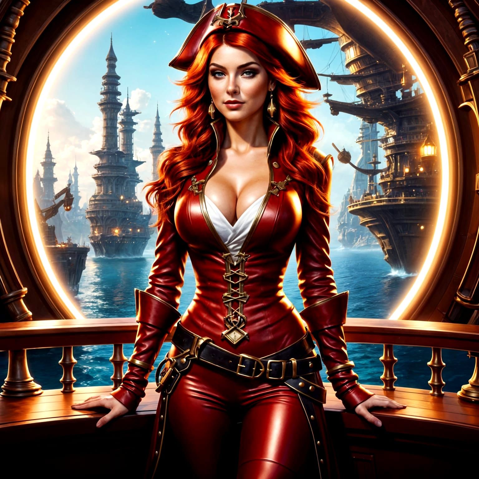 Space Pirate Captain in Red Leather, Futuristic Cityscape