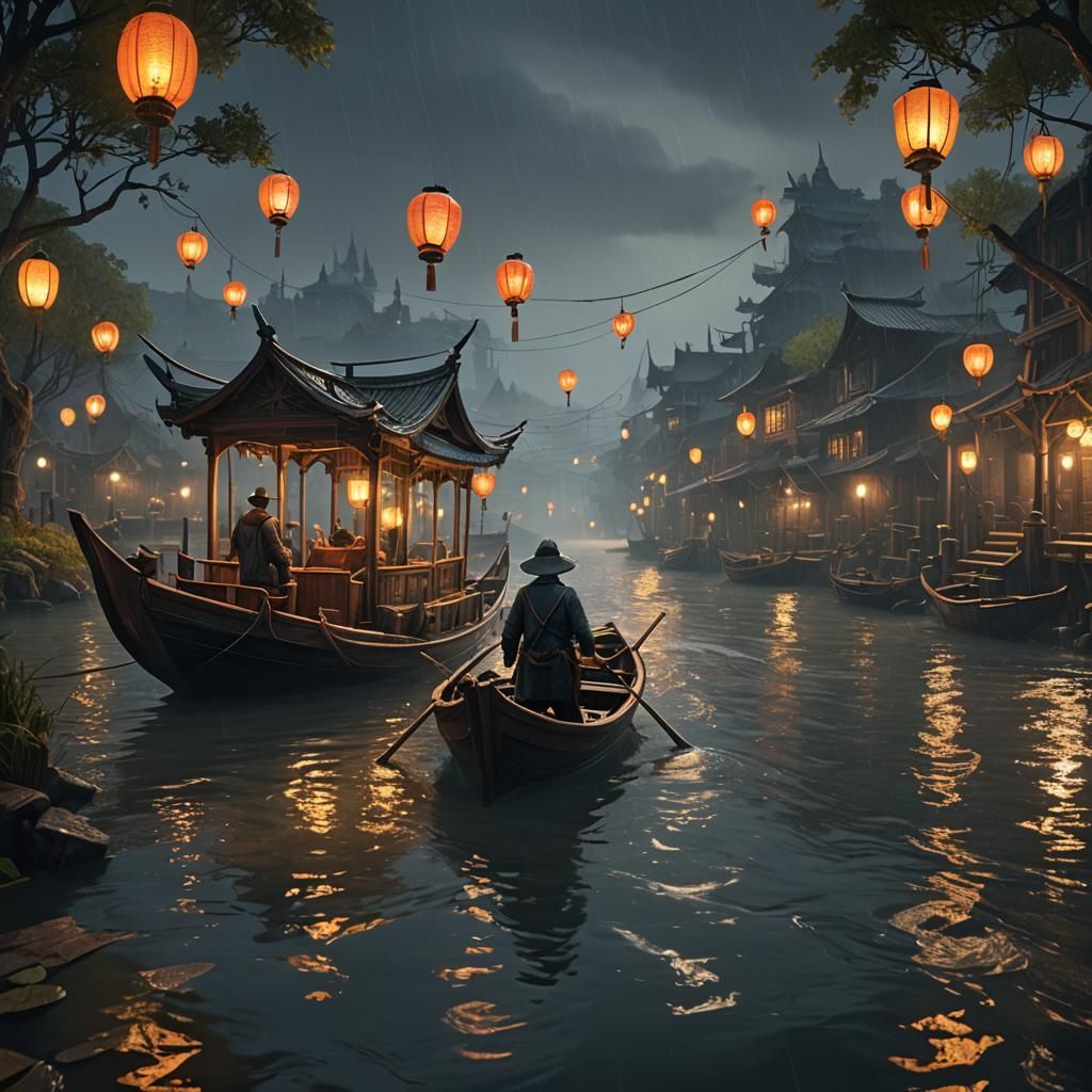 Rainy Night River Journey with Lanterns