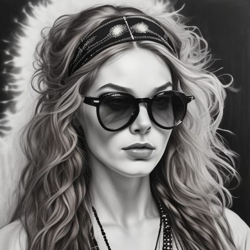Hyper-Realistic Charcoal Portrait of a 1960s Hippie Woman