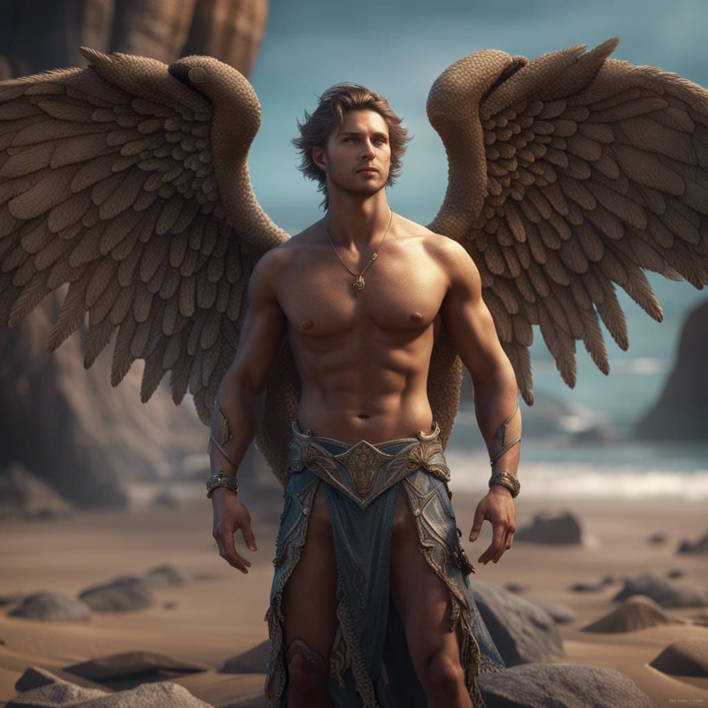 Male Angel on Beach: Detailed Fantasy Art