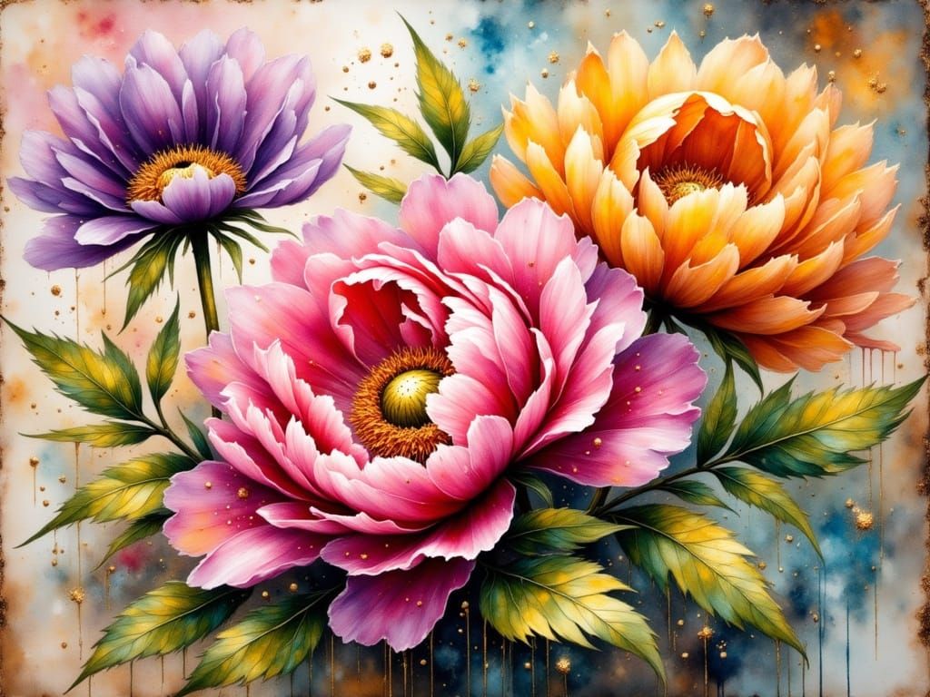 Vibrant Peony Blooms in Earthy, Grunge-Style Watercolor