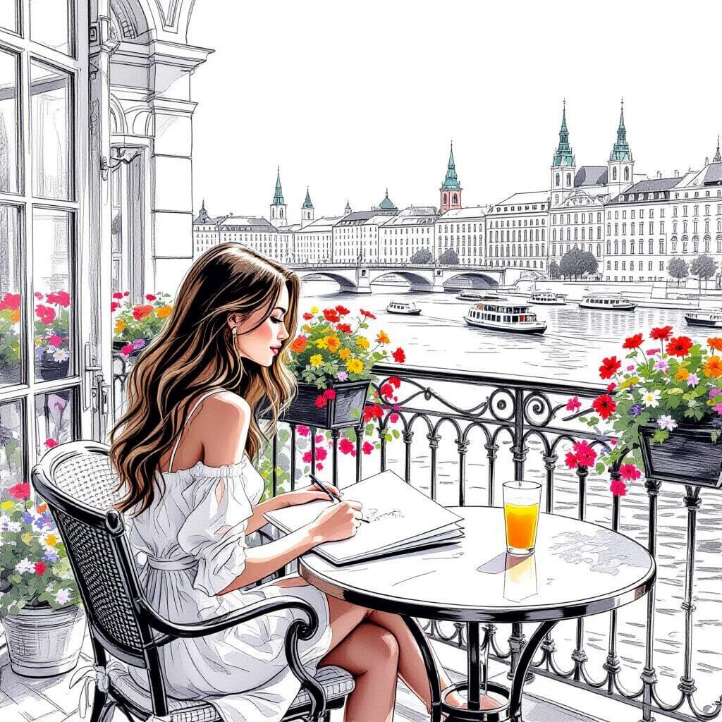 Young Woman Sketches in Vienna Apartment, Orange Juice Splas...