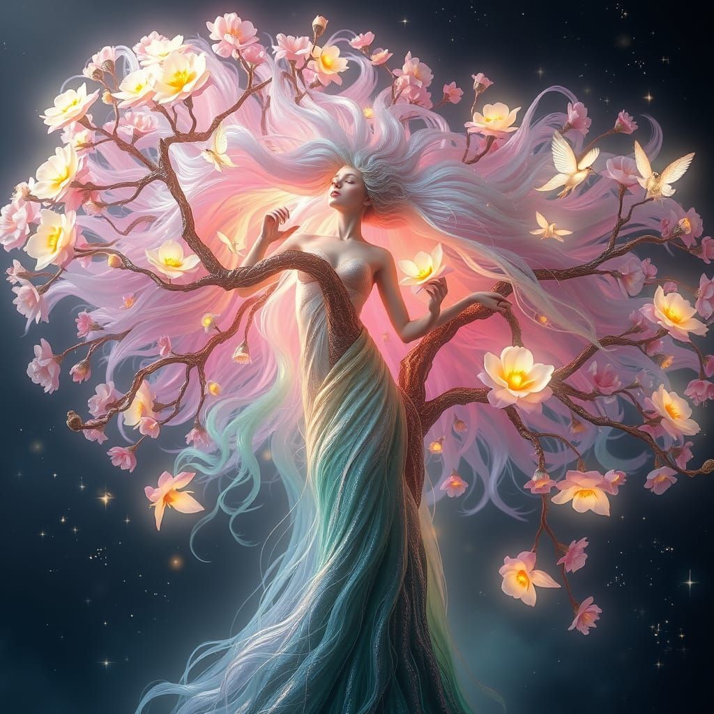 Goddess Tree Blossoms with Celestial Angels in Dreamlike Ser...