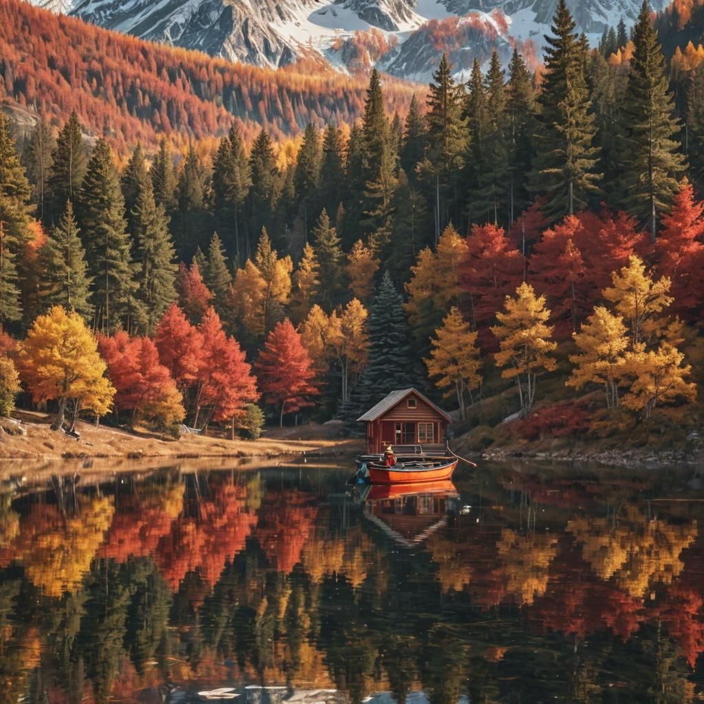 Autumn Lake Scene with Cozy Cabin, Zentangle Style