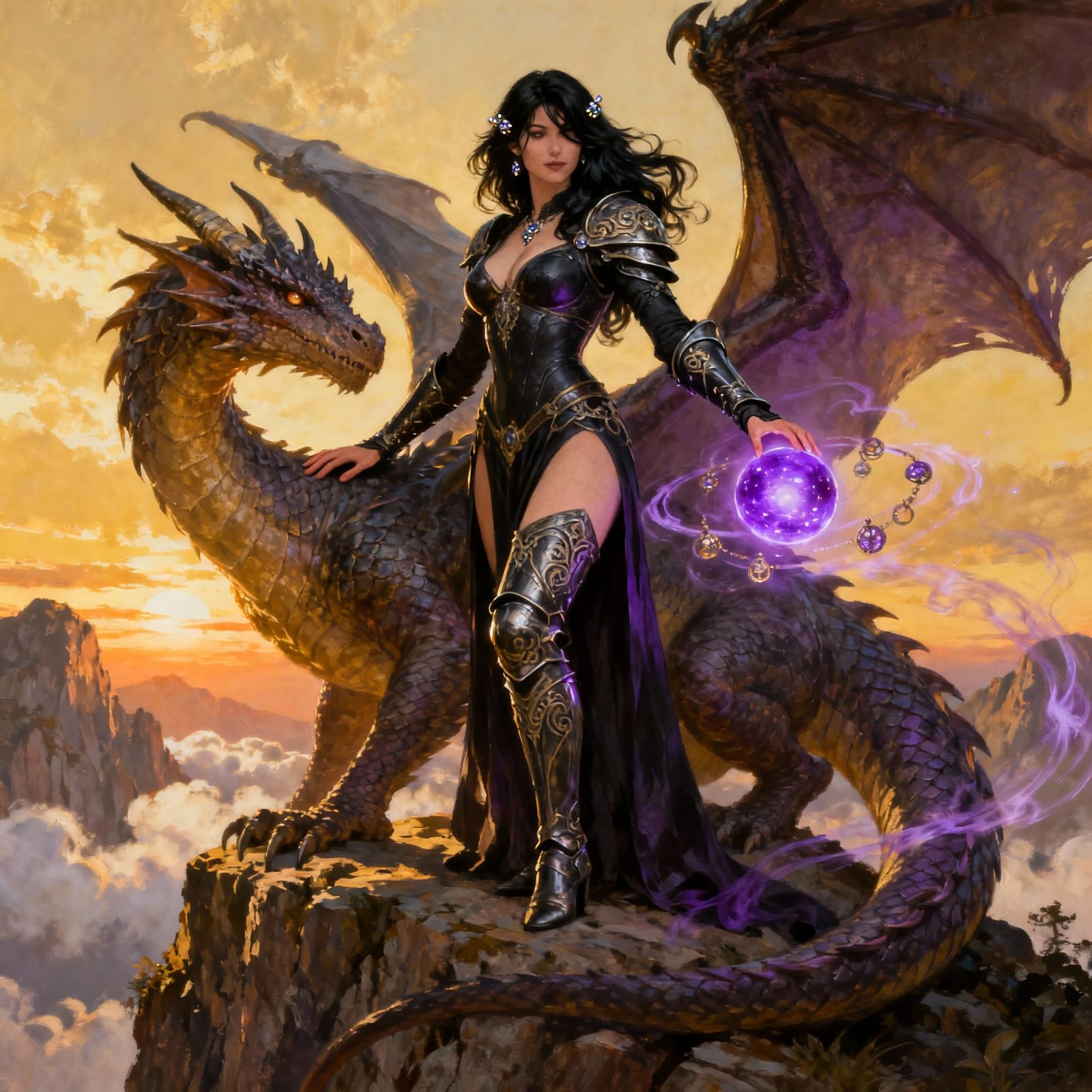 Morgana Le Fay and Dragon on Cliff at Sunset