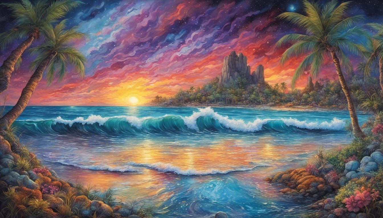 Tropical Island Sunset in Detailed Watercolor Style