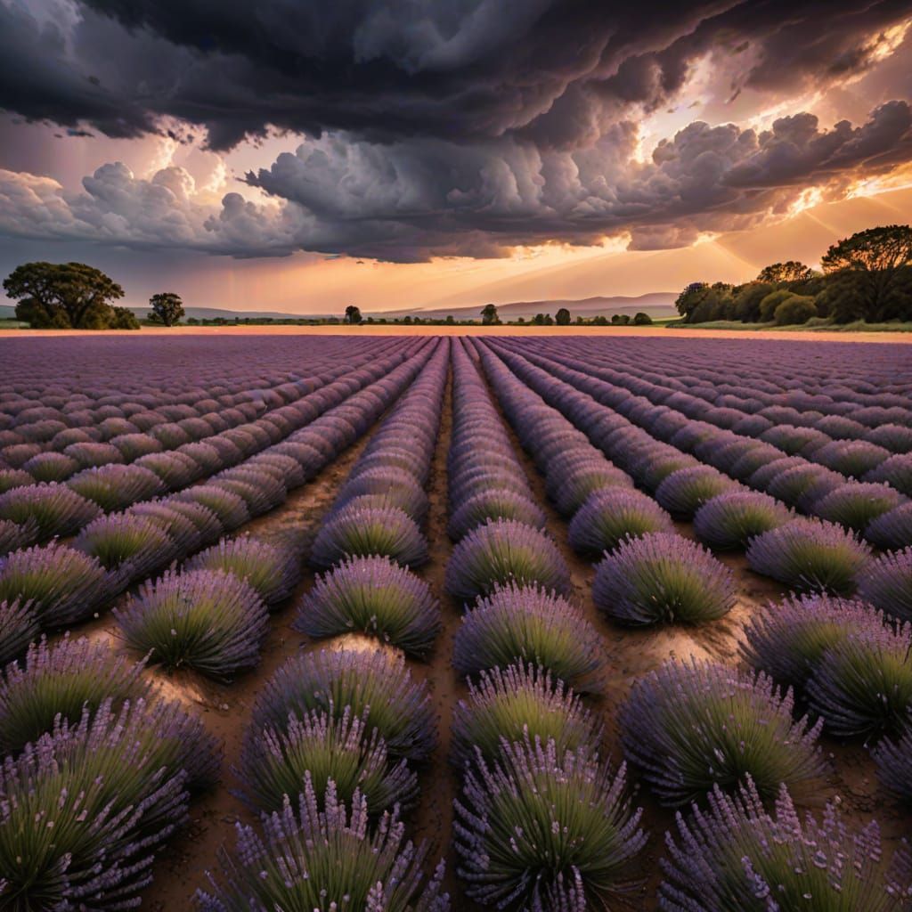 Stormy Clouds Over Lavender Field in Impressionist Style