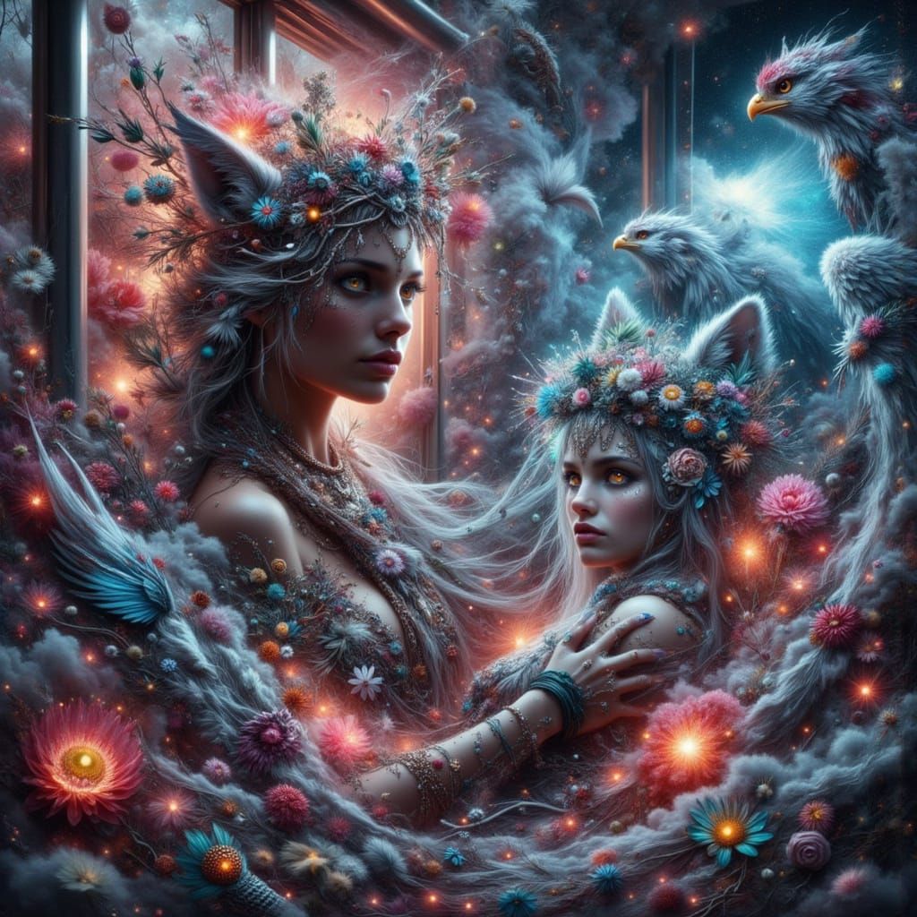 Winged Feline Angel in Mystical Elevator