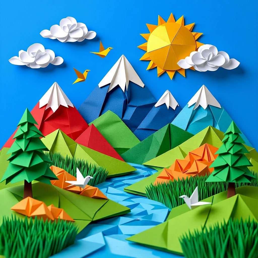 Detailed Origami Landscape with Mountains and River
