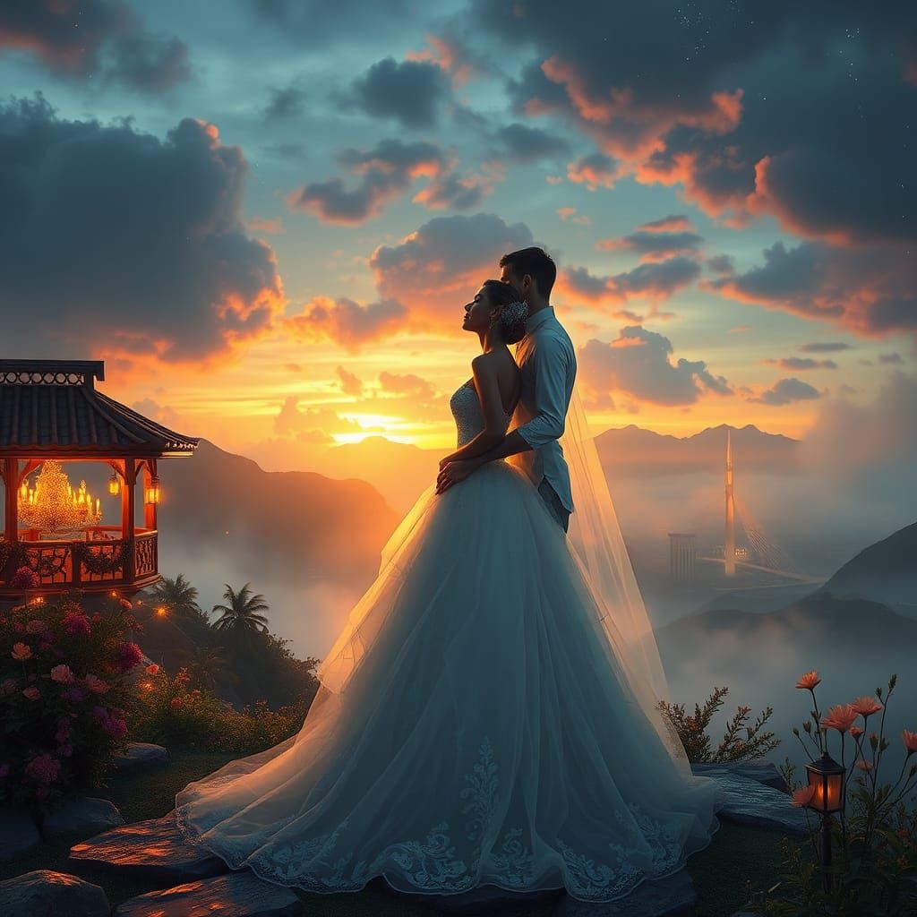 Romantic Wedding Scene in Honeymoon Place