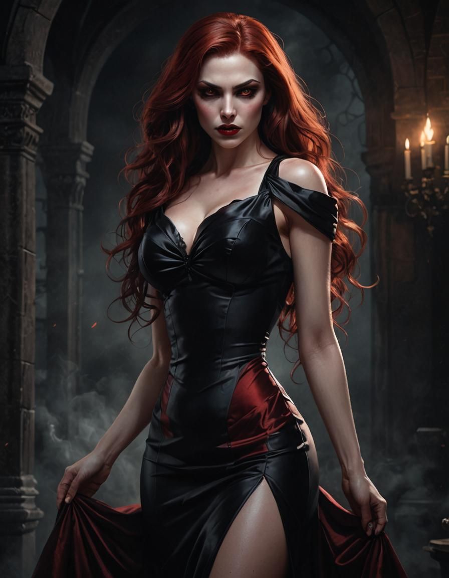 Stunning Vampire Woman in Silk Dress: Digital Art