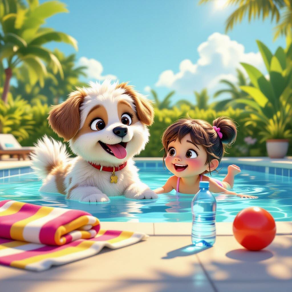 Joyful Dog and Girl Swimming in Pool Pixar Style