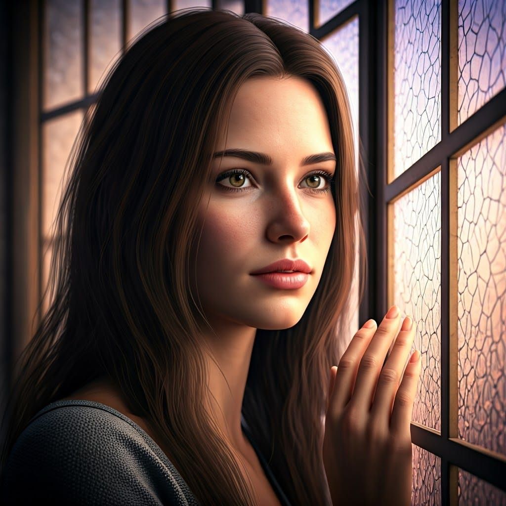 Woman Gazing Through Pastel Stained Glass Window