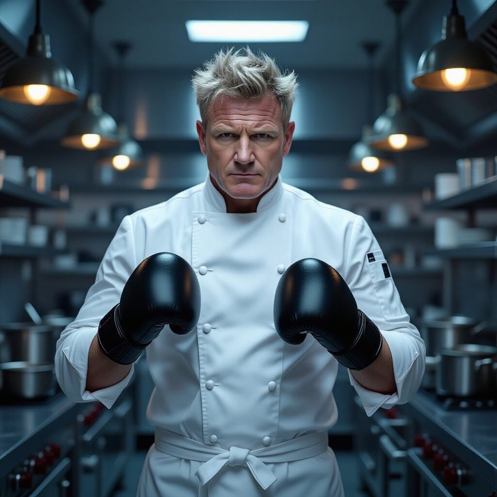 Chef Gordon Ramsay in Boxing Gloves, Ready for Culinary Batt...