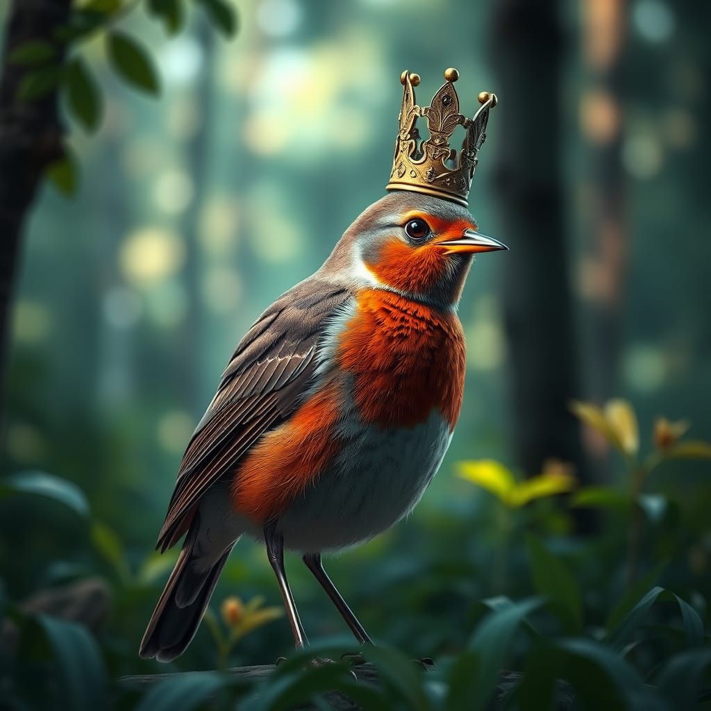 Robin King in Lush Forest, 3D Rendered