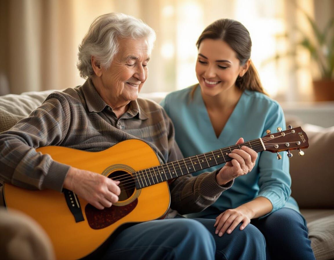 Elderly Man Plays Guitar With Carer's Encouragement