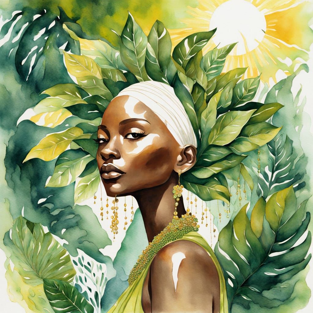 Elegant Bald Woman in Watercolor with Lush Greenery