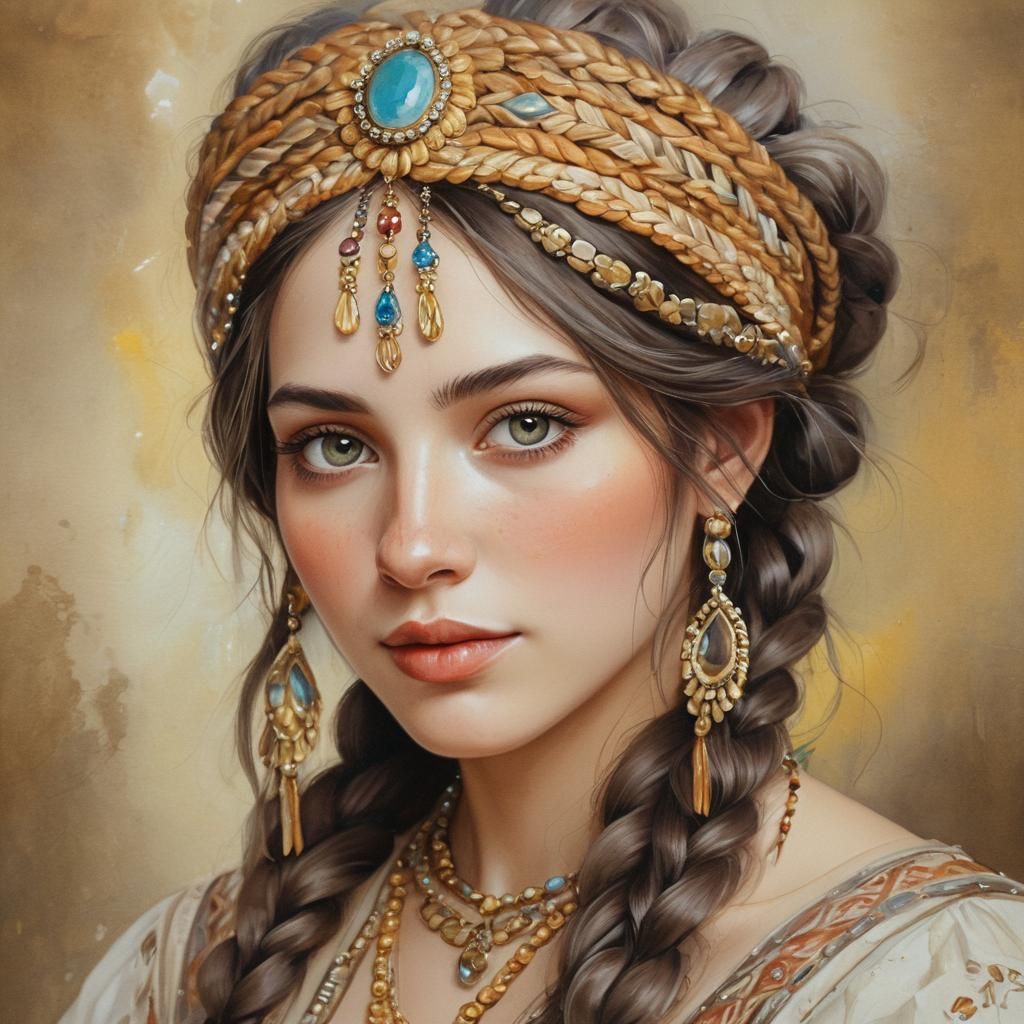 Watercolor Portrait of Woman with Traditional Headdress