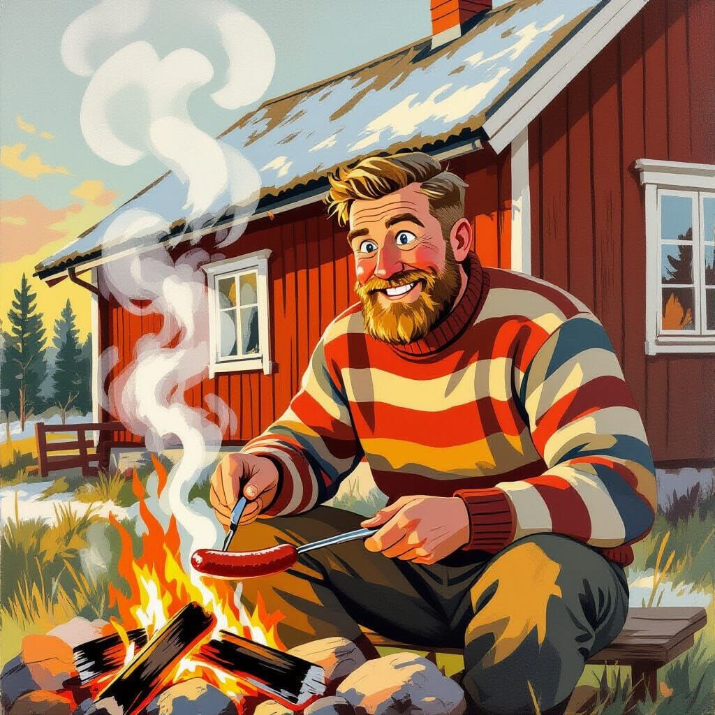 Finnish Man Grilling Sausage by Red House