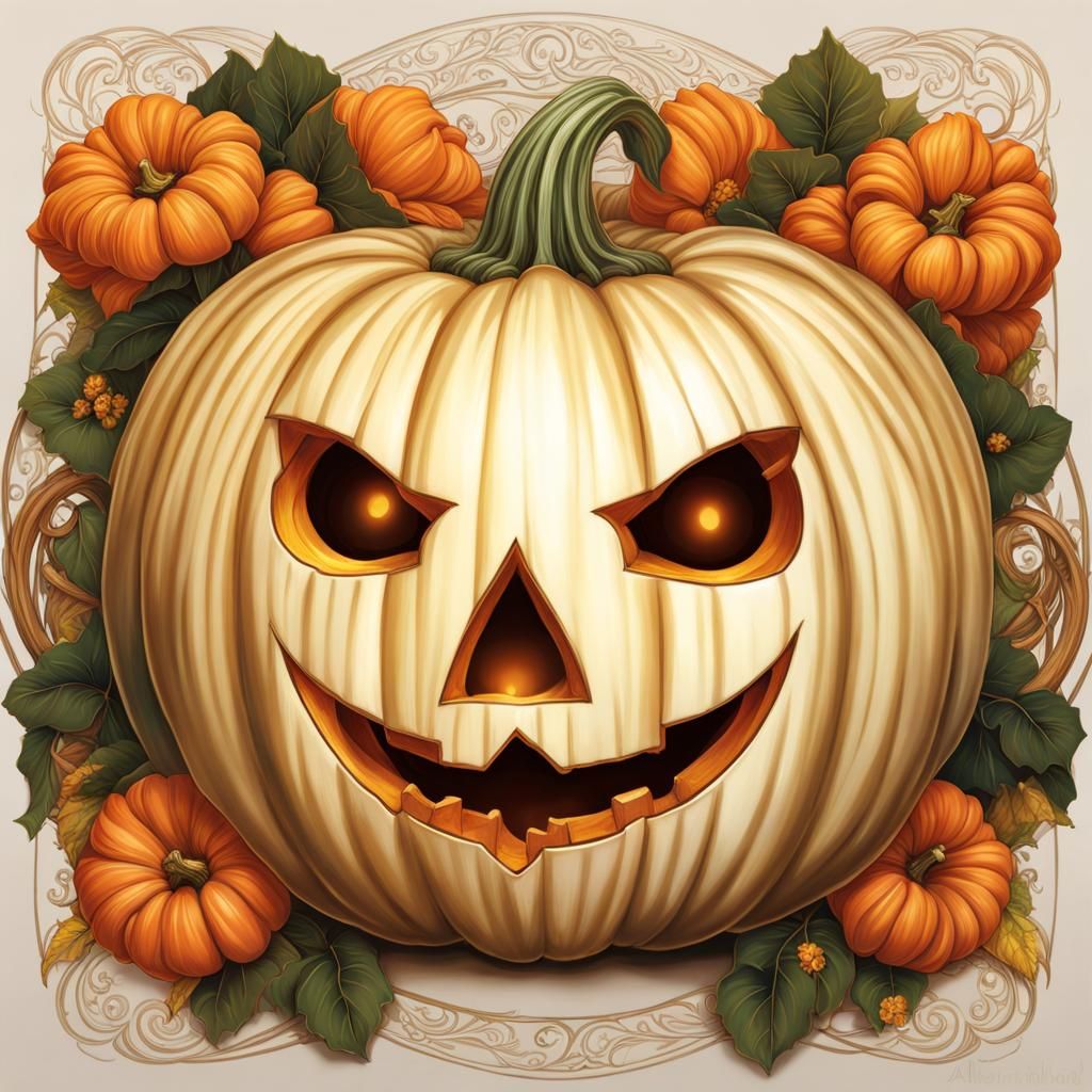 Intricate Ivory Carved Pumpkin Face in Art Nouveau Style